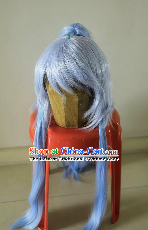 Handmade China Ancient Swordsman Headdress Cosplay Young Knight Blue Wigs Traditional Puppet Show Chivalrous Hero Hairpieces