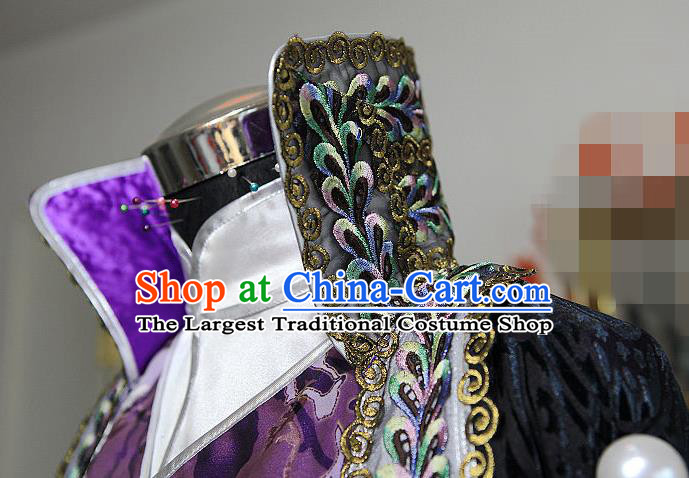 Custom China Ancient King Garment Costumes Cosplay Swordsman Purple Outfits Puppet Show Royal Highness Clothing