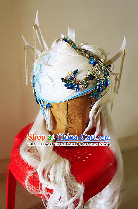 Chinese Cosplay Queen Hair Accessories Ancient Empress White Wigs Headwear Traditional Puppet Show Fox Fairy Hairpieces