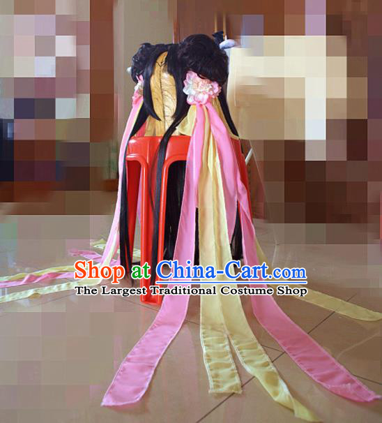 Chinese Ancient Young Lady Wigs Headwear Traditional Puppet Show Fairy Yan Pianpian Hairpieces Cosplay Princess Hair Accessories