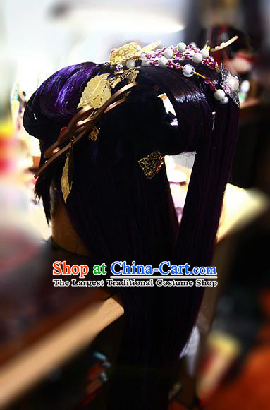 Handmade China Traditional Puppet Show Swordsman Hairpieces Ancient Royal Prince Headdress Cosplay Demon King Purple Wigs and Hair Crown