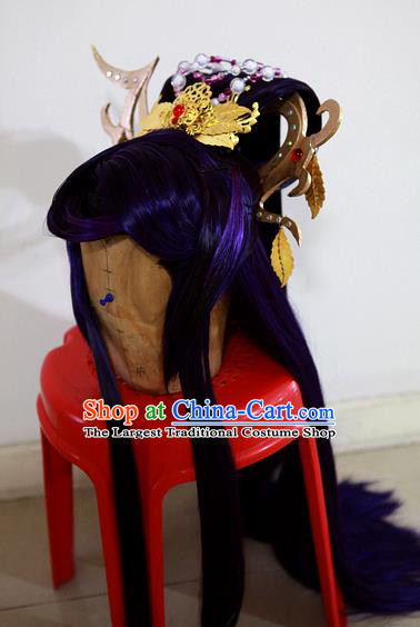 Handmade China Traditional Puppet Show Swordsman Hairpieces Ancient Royal Prince Headdress Cosplay Demon King Purple Wigs and Hair Crown