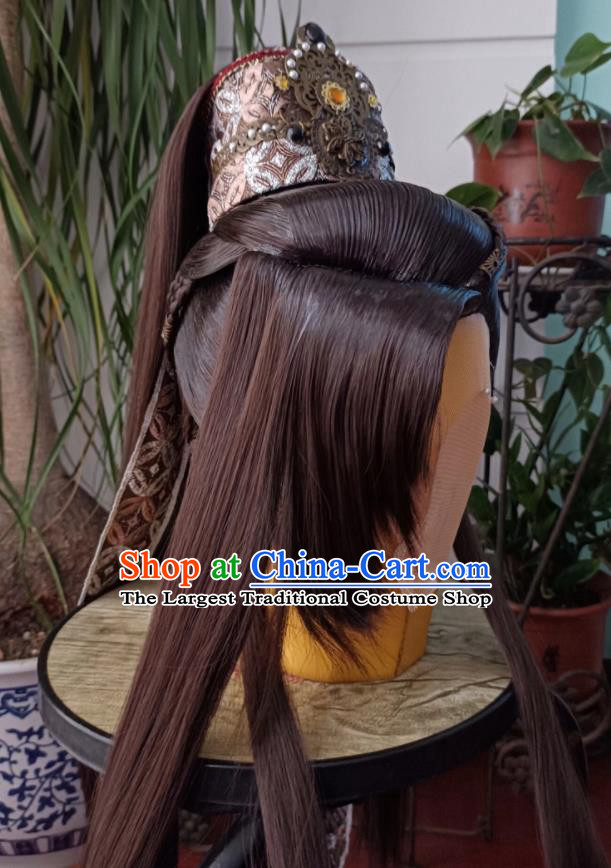 Handmade China Ancient Noble Childe Headdress Cosplay Swordsman Brown Wigs and Hairdo Crown Traditional Puppet Show Qi Hanyu Hairpieces