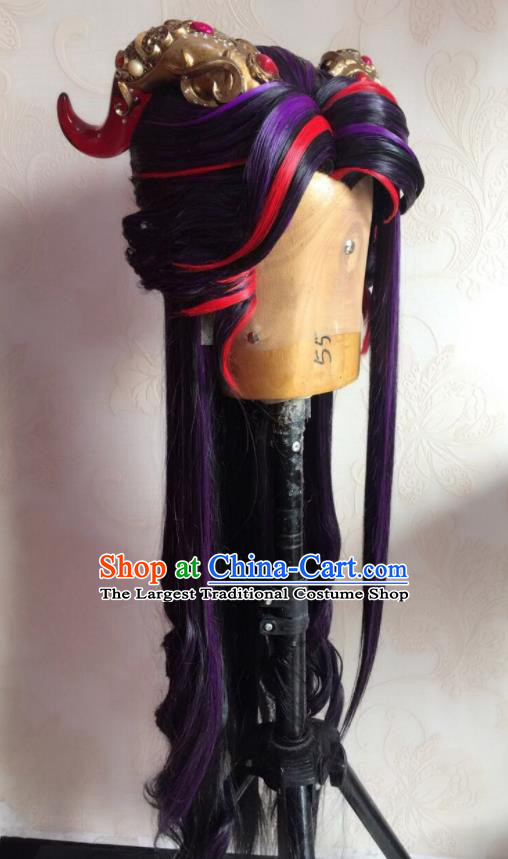 Chinese Traditional Cosplay Demon Prince Purple Wigs and Hair Crown Hairpieces Ancient Young Male Periwig Hair Accessories Handmade Puppet Show Swordsman Headdress