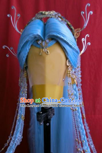 China Ancient Princess Blue Wigs and Hair Crown Traditional Puppet Show Fairy Hair Accessories Cosplay Goddess Hairpieces