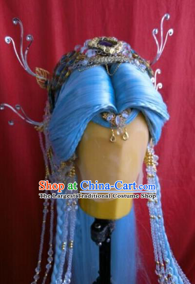 China Ancient Princess Blue Wigs and Hair Crown Traditional Puppet Show Fairy Hair Accessories Cosplay Goddess Hairpieces