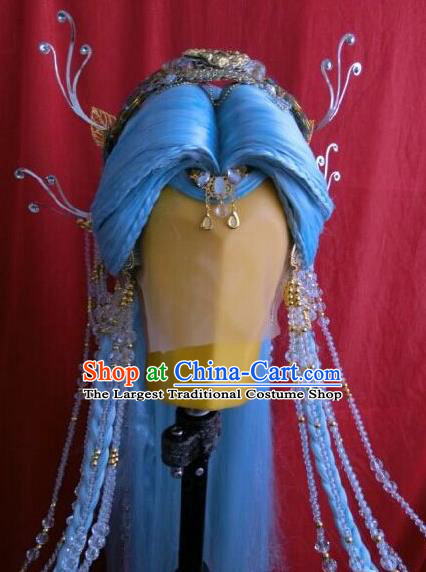 China Ancient Princess Blue Wigs and Hair Crown Traditional Puppet Show Fairy Hair Accessories Cosplay Goddess Hairpieces