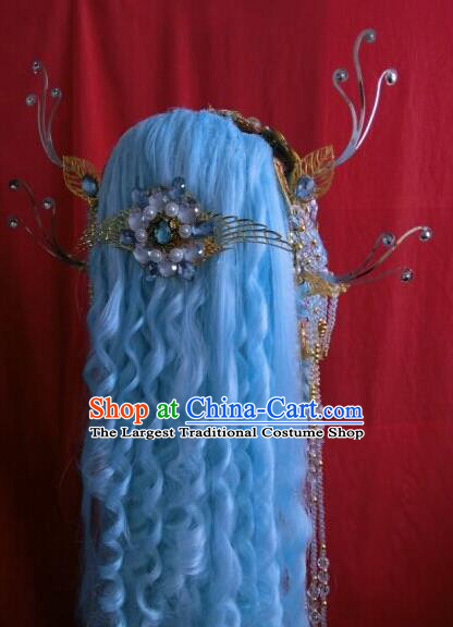 China Ancient Princess Blue Wigs and Hair Crown Traditional Puppet Show Fairy Hair Accessories Cosplay Goddess Hairpieces