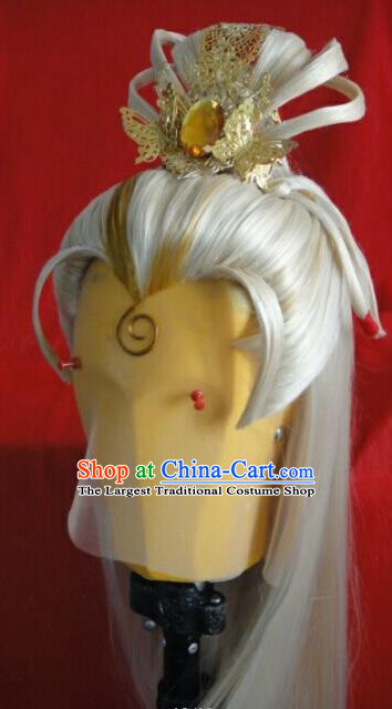 Chinese Traditional Cosplay Prince Golden Wigs Hairpieces Ancient Emperor Periwig Hair Accessories Handmade Puppet Show Feng Piaopiao Headdress