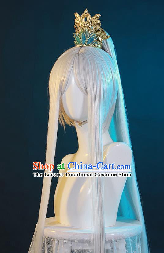 Chinese Handmade Cosplay Young Knight Headdress Traditional Game Role White Wigs Hairpieces Ancient Swordsman Periwig Hair Accessories
