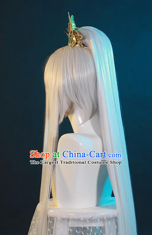 Chinese Handmade Cosplay Young Knight Headdress Traditional Game Role White Wigs Hairpieces Ancient Swordsman Periwig Hair Accessories