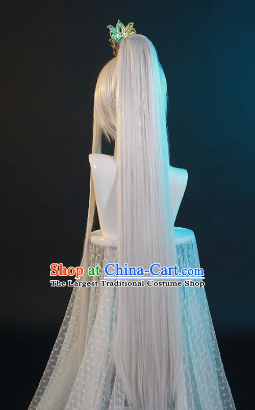Chinese Handmade Cosplay Young Knight Headdress Traditional Game Role White Wigs Hairpieces Ancient Swordsman Periwig Hair Accessories