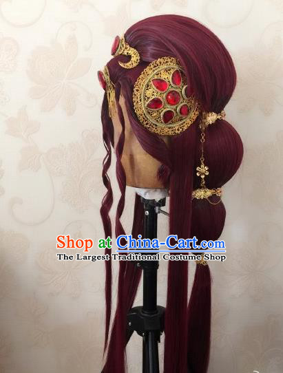 China Cosplay Queen Hairpieces Ancient Empress Red Wigs and Hair Crown Traditional Puppet Show Goddess Hair Accessories