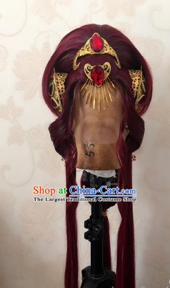 China Cosplay Queen Hairpieces Ancient Empress Red Wigs and Hair Crown Traditional Puppet Show Goddess Hair Accessories