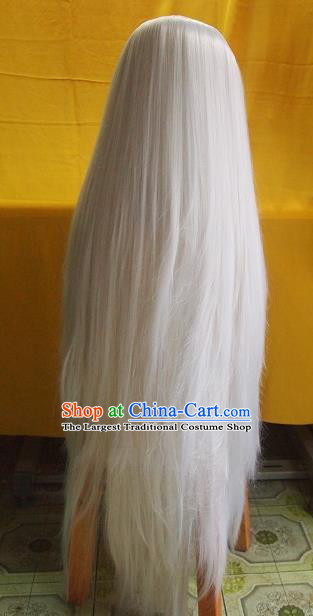 Chinese Handmade Cosplay Swordsman Headdress Traditional Puppet Show Gray Wigs Hairpieces Ancient Taoist Priest Periwig Hair Accessories
