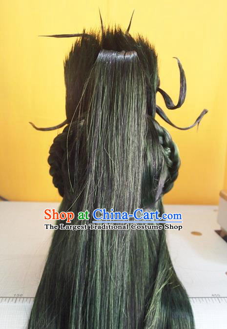 Chinese Traditional Puppet Show Knight Green Wigs Hairpieces Ancient Young Hero Periwig Hair Accessories Handmade Cosplay Swordsman Headdress