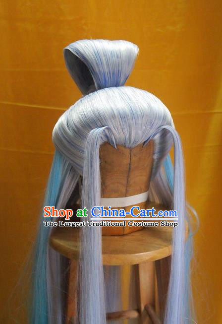 Chinese Handmade Cosplay Immortal Headdress Traditional Puppet Show Swordsman Lilac Wigs Hairpieces Ancient Taoist Priest Periwig Hair Accessories