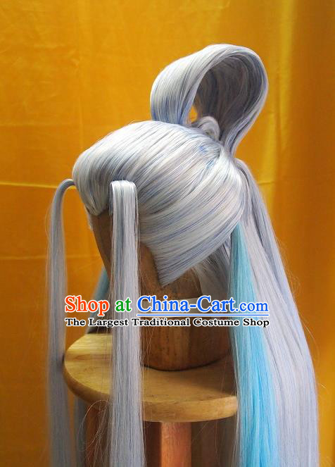 Chinese Handmade Cosplay Immortal Headdress Traditional Puppet Show Swordsman Lilac Wigs Hairpieces Ancient Taoist Priest Periwig Hair Accessories