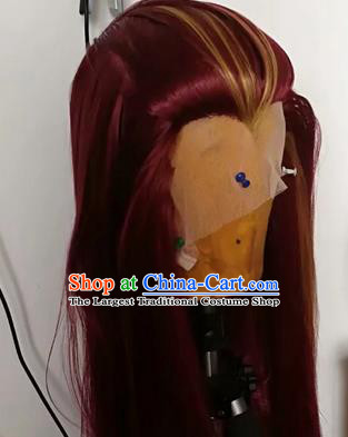 China Traditional Puppet Show Swordswoman Hair Accessories Cosplay Goddess Hairpieces Ancient Female Knight Red Wigs Headdress