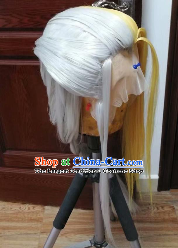 China Ancient Female Knight Wigs Headdress Traditional Game Role Swordswoman Hair Accessories Cosplay Heroine Hairpieces