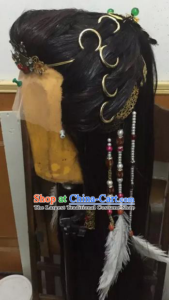 Chinese Ancient Prince Periwig Hair Accessories Handmade Cosplay Swordsman Headdress Traditional Puppet Show Beijing King Wigs Hairpieces