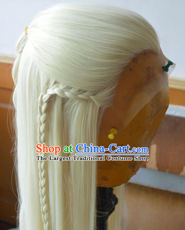 Chinese Traditional Puppet Show Prince Golden Wigs Hairpieces Ancient Young Knight Periwig Hair Accessories Handmade Cosplay Swordsman Headdress