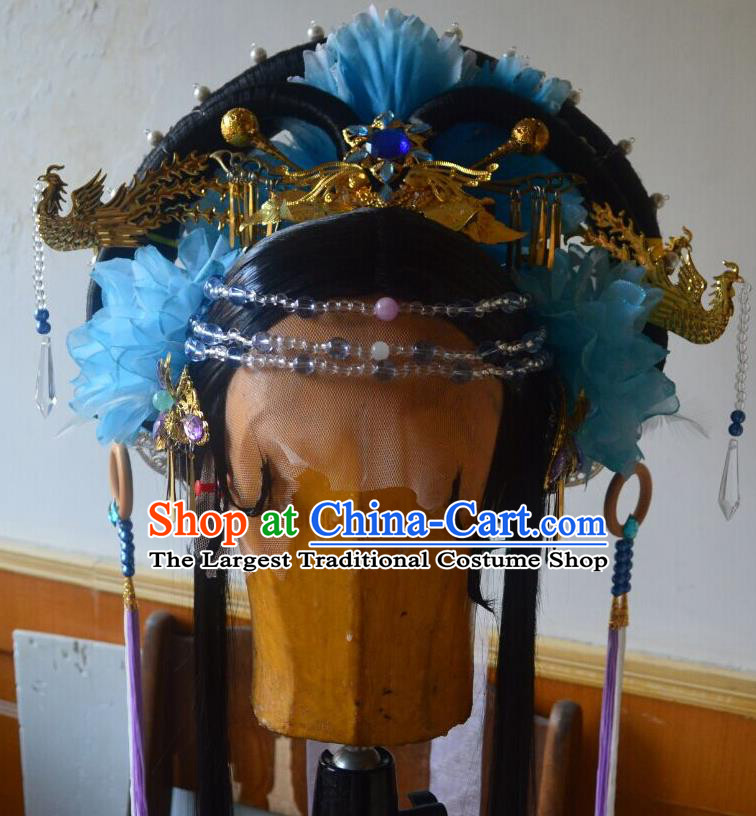 China Cosplay Queen Hairpieces Ancient Goddess Wigs Headdress Traditional Puppet Show Imperial Consort Hair Accessories