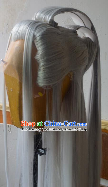 Chinese Handmade Cosplay Immortal Headdress Traditional Puppet Show Yue Tianji Gray Wigs Hairpieces Ancient Taoist Priest Periwig Hair Accessories