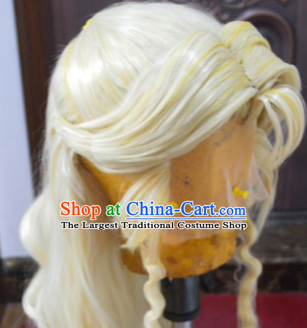 Chinese Handmade Cosplay Young Knight Headdress Traditional Puppet Show Golden Wigs Hairpieces Ancient Hero Periwig Hair Accessories