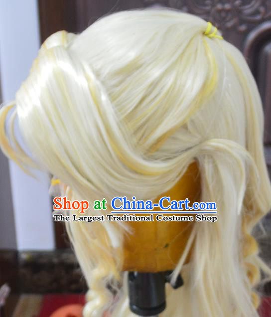 Chinese Handmade Cosplay Young Knight Headdress Traditional Puppet Show Golden Wigs Hairpieces Ancient Hero Periwig Hair Accessories