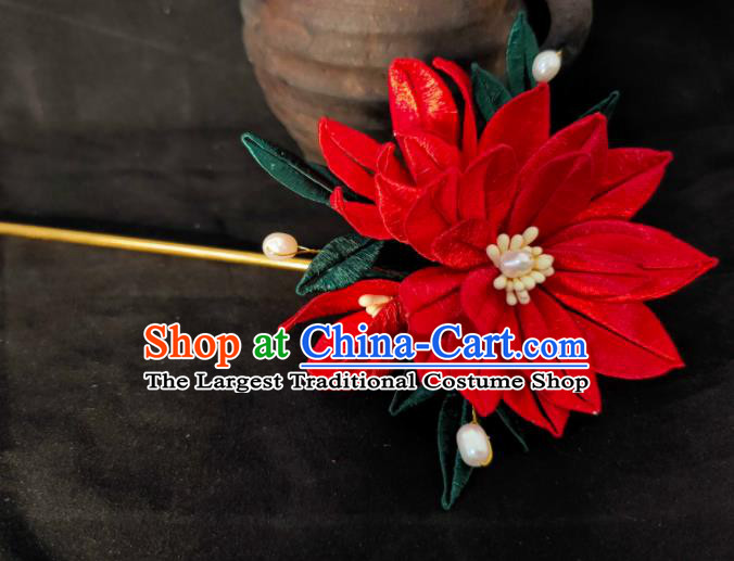 China Ancient Imperial Consort Red Flower Hairpin Traditional Hanfu Hair Accessories Cosplay Princess Hair Stick