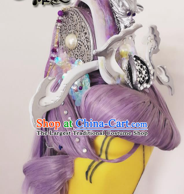 Chinese Ancient Prince Hair Accessories Handmade Cosplay Dragon King Purple Wigs and Hair Crown Headdress Traditional Puppet Show Swordsman Hairpieces