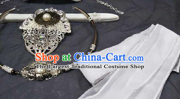Chinese Traditional Puppet Show Shi Yanwen White Hairdo Crown Ancient Prince Hair Accessories Handmade Cosplay Swordsman Headpieces Full Set