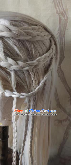 Chinese Handmade Cosplay Swordsman Hairpieces Traditional Hanfu Male Front Lace Beige Wigs Headdress Ancient Knight Hair Accessories