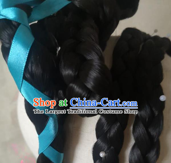 China Cosplay Swordswoman Huang Rong Braids Wigs Headwear Ancient Young Lady Hairpieces Traditional Song Dynasty Female Knight Hair Accessories