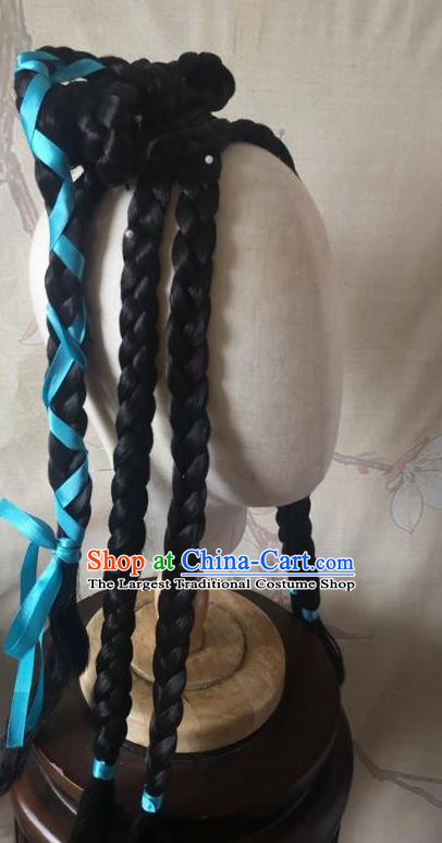 China Cosplay Swordswoman Huang Rong Braids Wigs Headwear Ancient Young Lady Hairpieces Traditional Song Dynasty Female Knight Hair Accessories