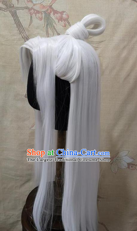 Chinese Handmade Cosplay Swordsman Hairpieces Traditional Hanfu White Wigs Headdress Ancient Young Childe Hair Accessories