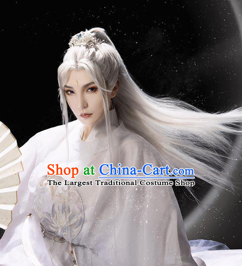 Chinese Traditional Hanfu Handmade Gray Front Lace Wigs Headdress Ancient Noble Childe Hair Accessories Cosplay Swordsman Hairpieces
