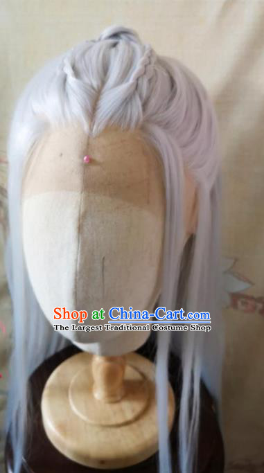 Chinese Cosplay Swordsman Hairpieces Traditional Hanfu Handmade White Front Lace Wigs Headdress Ancient Taoist Priest Hair Accessories