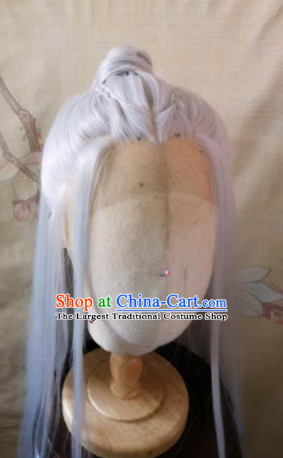 Chinese Cosplay Swordsman Hairpieces Traditional Hanfu Handmade White Front Lace Wigs Headdress Ancient Taoist Priest Hair Accessories