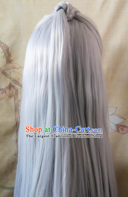 Chinese Cosplay Swordsman Hairpieces Traditional Hanfu Handmade White Front Lace Wigs Headdress Ancient Taoist Priest Hair Accessories
