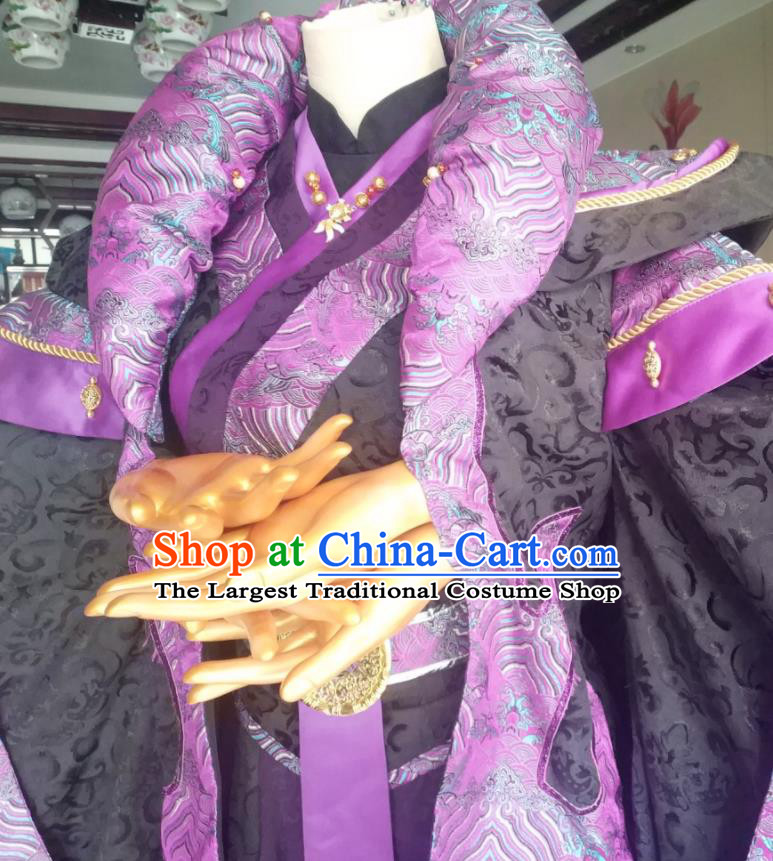 China Traditional Puppet Show Monk Garment Costumes Cosplay King Apparels Ancient Royal Highness Purple Robe Clothing