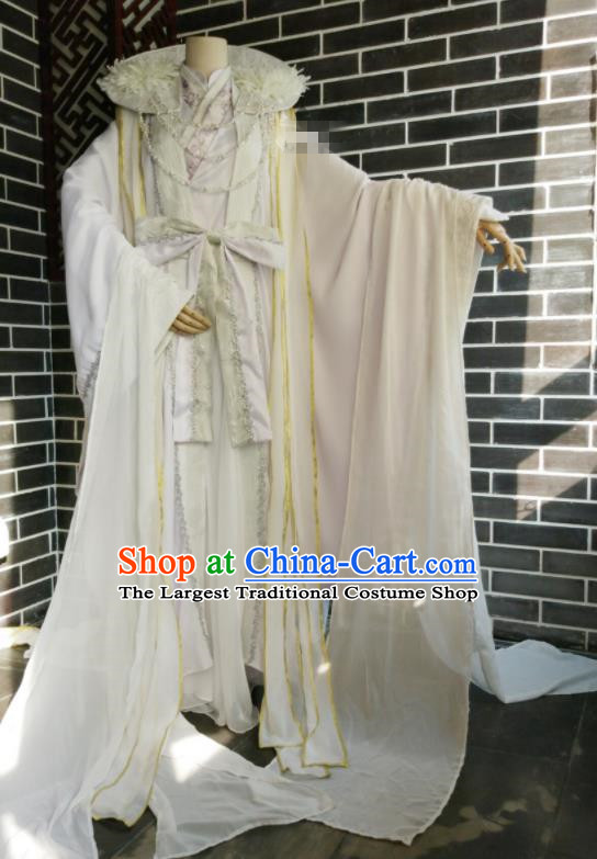 China Ancient Royal Prince White Robe Clothing Traditional Puppet Show King Garment Costumes Cosplay Swordsman Apparels