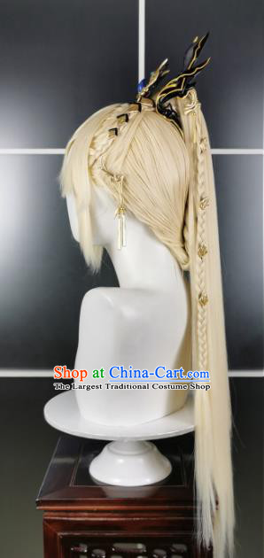 Chinese Ancient Swordsman Hairdo Crown Hair Accessories Cosplay Young Hero Hairpieces Traditional JX Online Golden Wigs Headdress