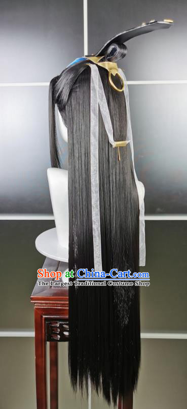 Chinese Ancient Young Hero Hair Accessories Cosplay Swordsman Hairpieces Traditional Hanfu Knight Black Wigs Headdress