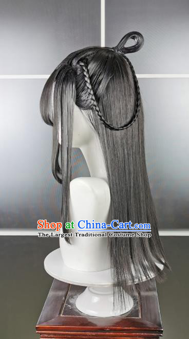 China Cosplay Goddess Black Wigs and Hair Crown Headwear Ancient Young Beauty Hairpieces Traditional Game Role Princess Hair Accessories