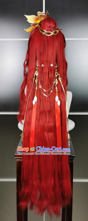 China Traditional Game Role Princess Hair Accessories Cosplay Swordswoman Red Wigs and Hair Crown Headwear Ancient Young Beauty Hairpieces