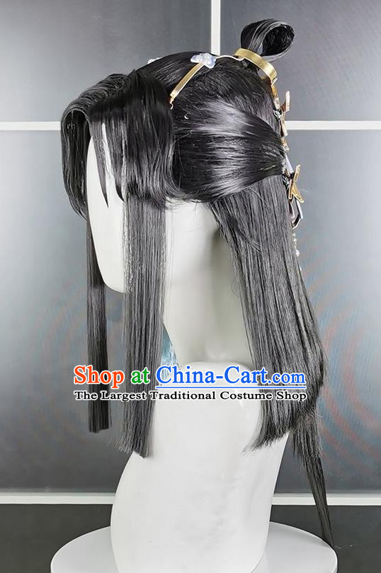 Chinese Cosplay Penglai Prince Hairpieces Traditional Handmade Front Lace Wigs Headdress Ancient Swordsman Hair Accessories