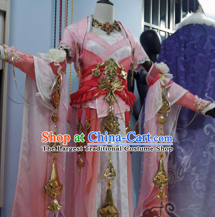 Custom Chinese Ancient Swordswoman Clothing Cosplay Fairy Princess Garment Costumes Traditional Female Knight Pink Dress Outfits