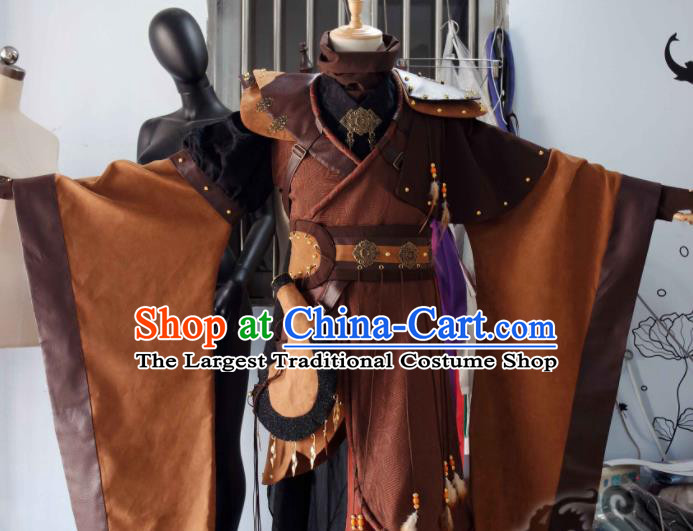 China Cosplay Swordsman Brown Apparels Ancient Young Childe Clothing Traditional Puppet Show Warrior Garment Costumes